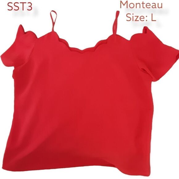 Fabulous Monteau, Solid Red Scalloped, Cold Shoulder Blouse, Sz Large - Picture 2 of 3